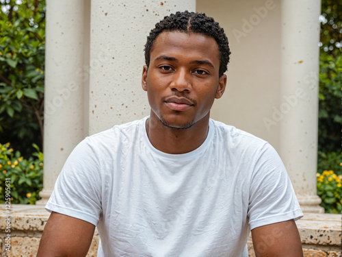 Retrato de un hombre negro de pie al aire libre vistiendo una camiseta blanca casual 