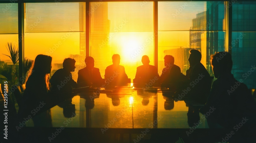 Silhouetted business team meeting at sunset. (3) Silhouetted business team meeting at sunset. (3)