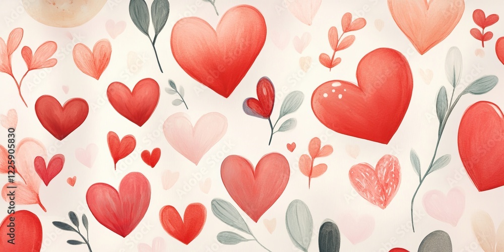 A seamless pattern featuring red and pink hearts with delicate botanical elements on a soft cream background, creating a romantic vibe.
A seamless pattern featuring red and pink hearts with delicate botanical elements on a soft cream background, creating a romantic vibe.