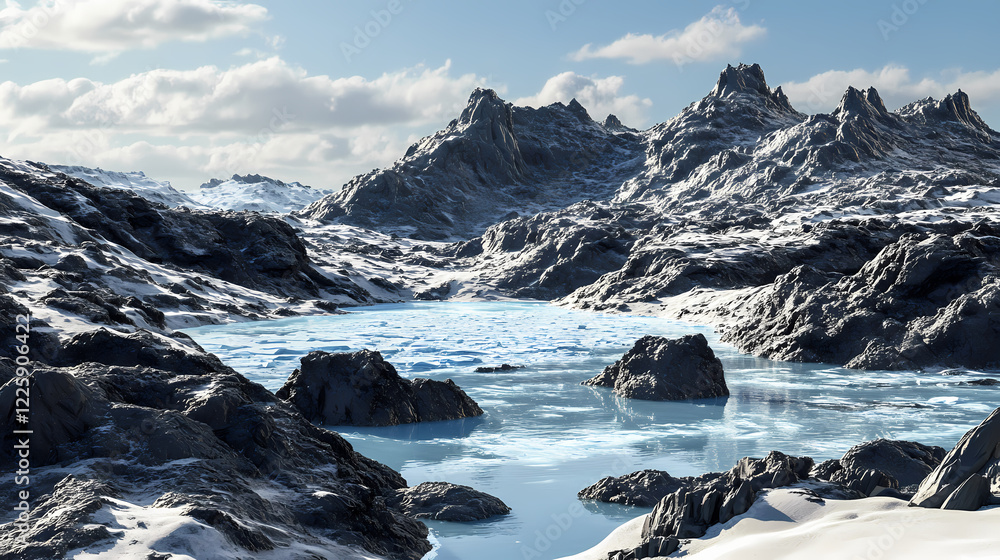 Obraz premium A striking contrast of volcanic rock and ice, with jagged black lava formations partially covered by clear, crystalline ice. Lava Lagoon. Illustration