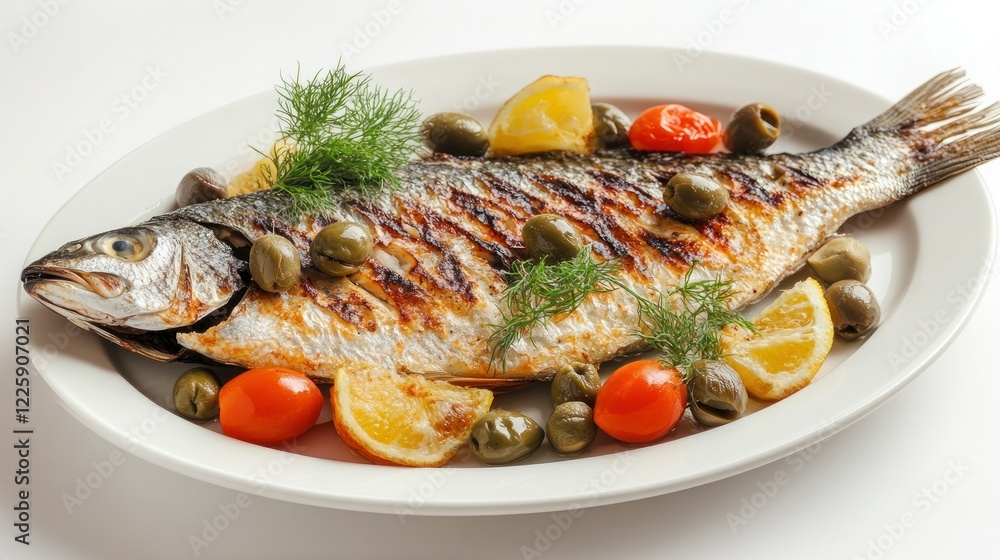 Grilled fish with lemon, olives, and tomatoes. Grilled fish with lemon, olives, and tomatoes.