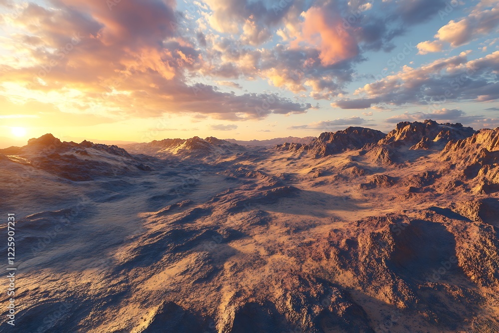 Fototapeta premium The rough terrain of a rocky desert at sunset, with long shadows and vibrant sky colors.