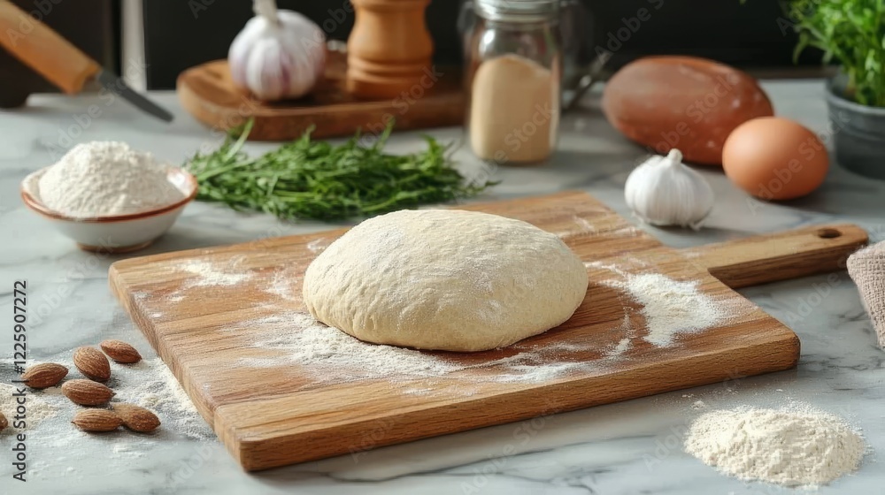 Fototapeta premium Fresh sourdough bread and ingredients. Sliced loaf of rye bread on cutting board, yeast dough and flour on white table, baking background, copy space, top view.