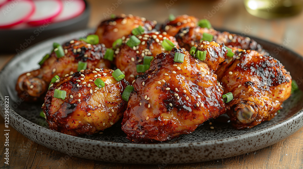 Crispy Korean Fried Chicken with Spicy Gochujang Sauce, Garnished with Sesame Seeds and Green Onions, Served with Pickled Radishes Crispy Korean Fried Chicken with Spicy Gochujang Sauce, Garnished with Sesame Seeds and Green Onions, Served with Pickled Radishes