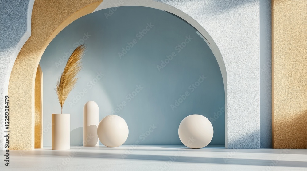 Fototapeta premium Minimalist interior with arches, pampas grass, and spheres.