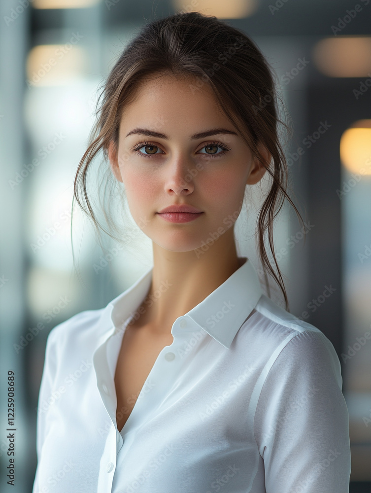 Confident young businesswoman in a white shirt standing with crossed arms in a modern office setting. Perfect for corporate, career, leadership, and professional success concepts Confident young businesswoman in a white shirt standing with crossed arms in a modern office setting. Perfect for corporate, career, leadership, and professional success concepts