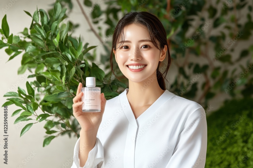 Asian woman holds a bottle in hands and smiles. bottle is transparent, with white cap. cosmetologist, face cream tonic. woman stands against background of tree covered with green foliage. Asian woman holds a bottle in hands and smiles. bottle is transparent, with white cap. cosmetologist, face cream tonic. woman stands against background of tree covered with green foliage.