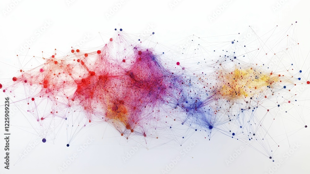 Obraz premium Interconnected dots and lines with color gradient on white.