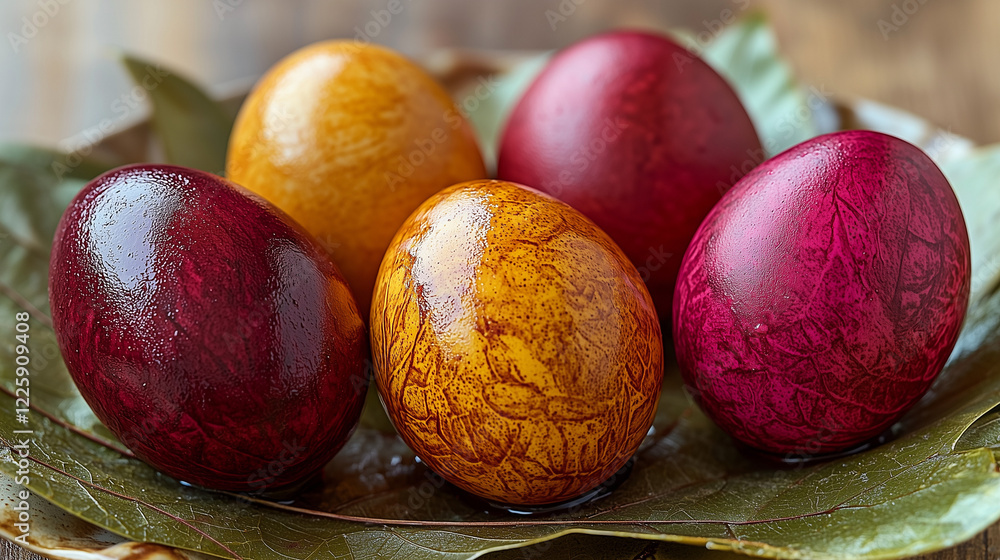 Eco-Friendly Easter Eggs Naturally Dyed with Beetroot and Turmeric on Leaf-Lined Plate in Outdoor Garden Setting Eco-Friendly Easter Eggs Naturally Dyed with Beetroot and Turmeric on Leaf-Lined Plate in Outdoor Garden Setting