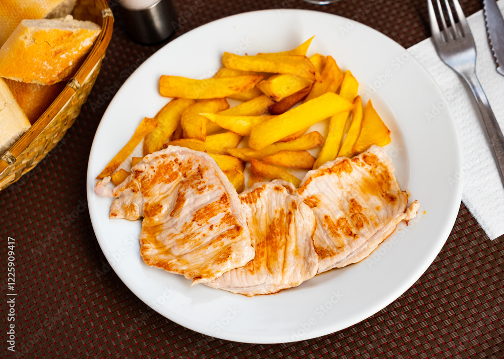 Fried juicy pork with boiled potatoes served on a plate Fried juicy pork with boiled potatoes served on a plate