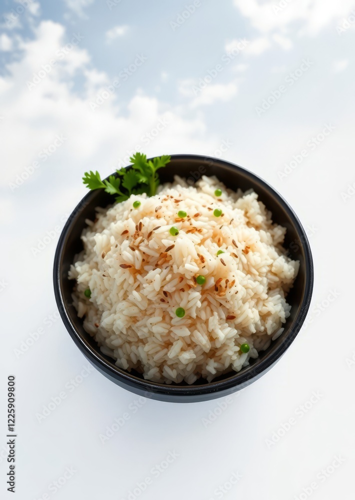Extreme top view of an extremely perfect looking sesame fried rice in a dark ceramic bowl isolated on a white transparent background Super Bowl football game sport ball american superbowl Extreme top view of an extremely perfect looking sesame fried rice in a dark ceramic bowl isolated on a white transparent background Super Bowl football game sport ball american superbowl