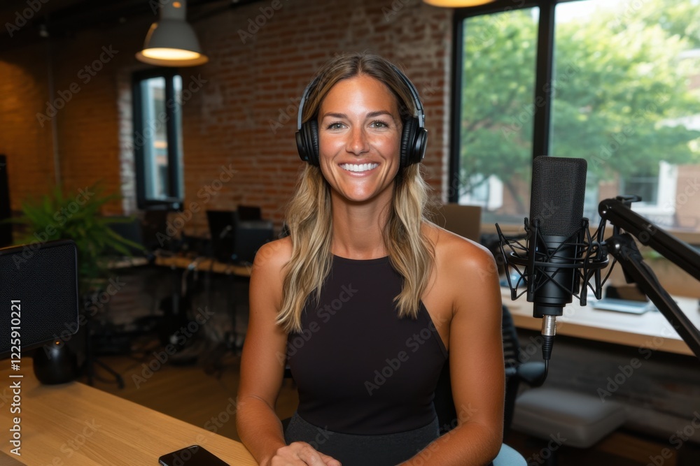 happy blonde woman wearing headphones is in studio recording a podcast or giving a radio interview. lady is sitting at the microphone on the couch and smiling. music, audio, voice recording happy blonde woman wearing headphones is in studio recording a podcast or giving a radio interview. lady is sitting at the microphone on the couch and smiling. music, audio, voice recording