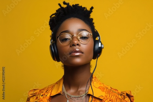 African American woman wearing glasses and headphones stands on a yellow background. She listens to music or a podcast. radio, audio