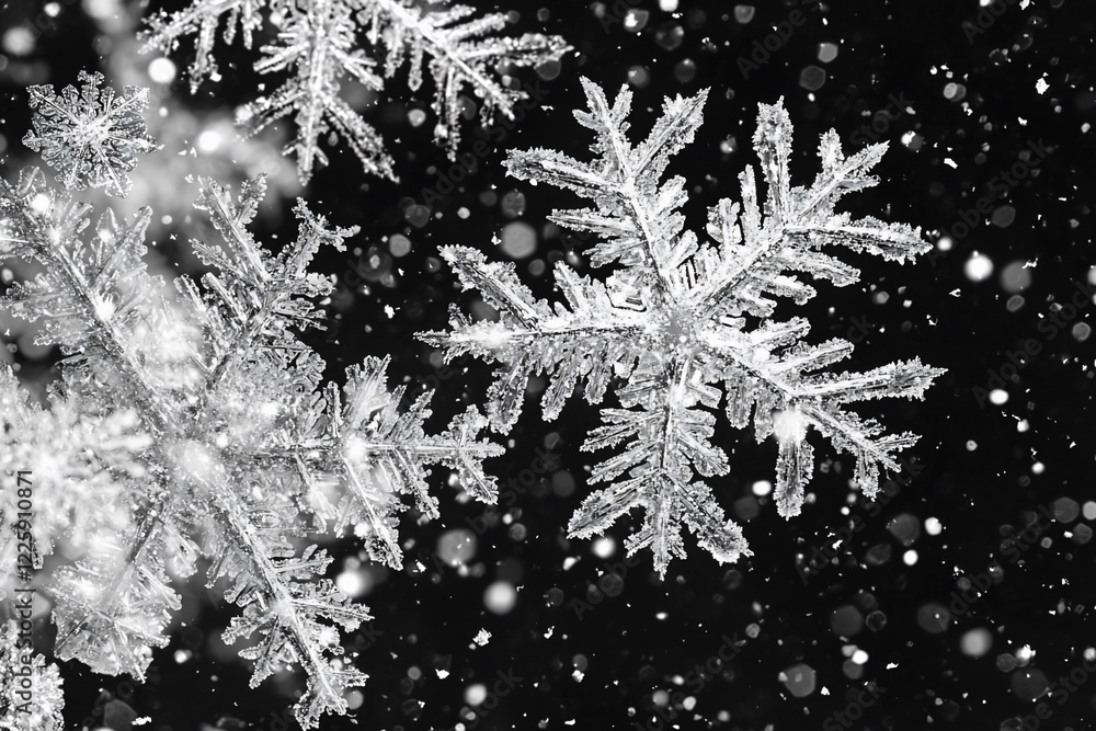 Close-up of intricate snowflakes falling against a dark background, creating a winter wonderland effect Close-up of intricate snowflakes falling against a dark background, creating a winter wonderland effect