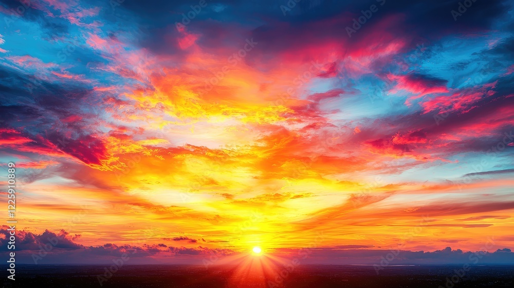 Vibrant sunset sky, fiery cloudscape, landscape panorama, nature background, ideal for travel brochures Vibrant sunset sky, fiery cloudscape, landscape panorama, nature background, ideal for travel brochures