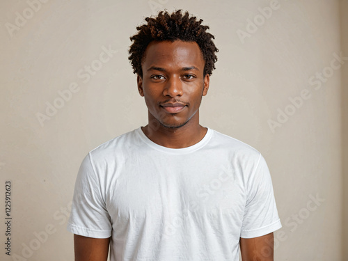 Retrato de un hombre de piel negra joven y apuesto de pie en el interior de una habitación vistiendo una camiseta blanca casual 
