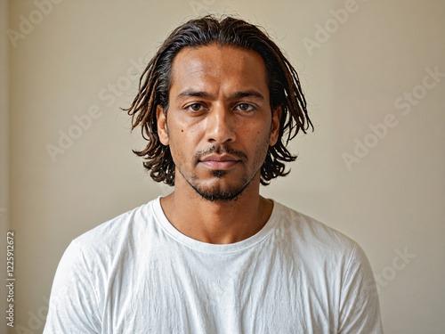 Retrato de un hombre de piel negra joven y apuesto de pie en el interior de una habitación vistiendo una camiseta blanca casual 