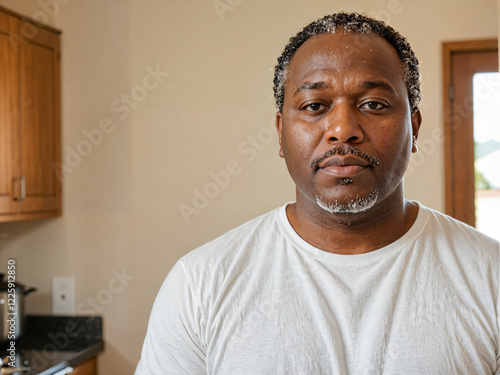 Retrato de un hombre de piel negra joven y apuesto de pie en el interior de una habitación vistiendo una camiseta blanca casual 