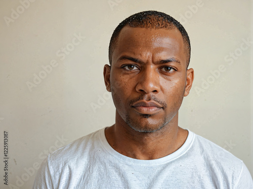 Retrato de un hombre de piel negra joven y apuesto de pie en el interior de una habitación vistiendo una camiseta blanca casual 