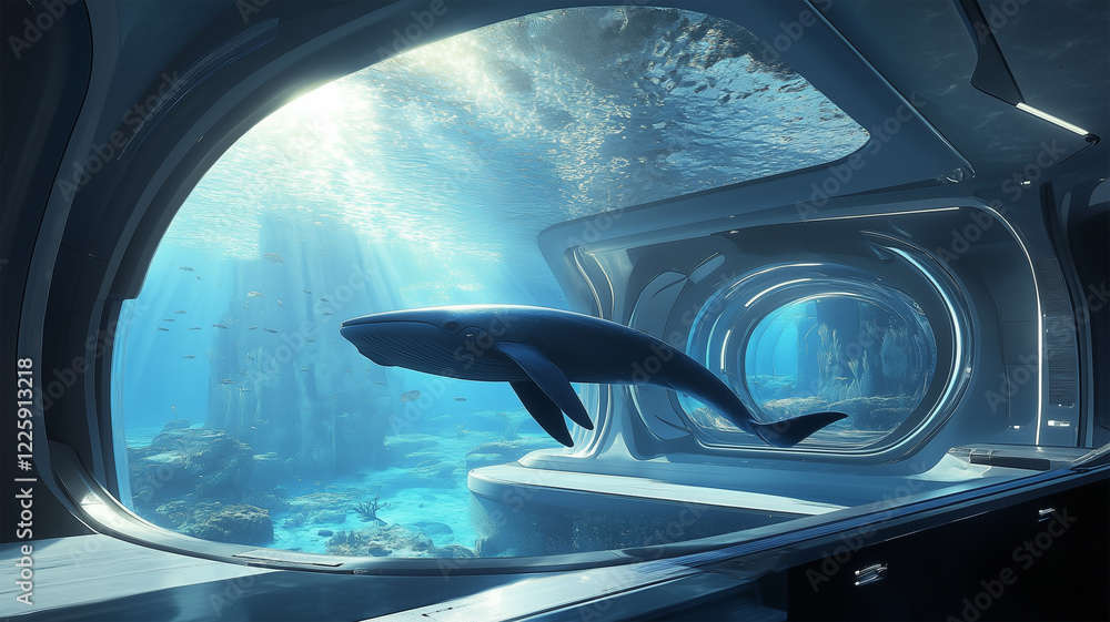 Naklejka premium ドーム型海中都市の窓越しにクジラを眺める未来的な光景