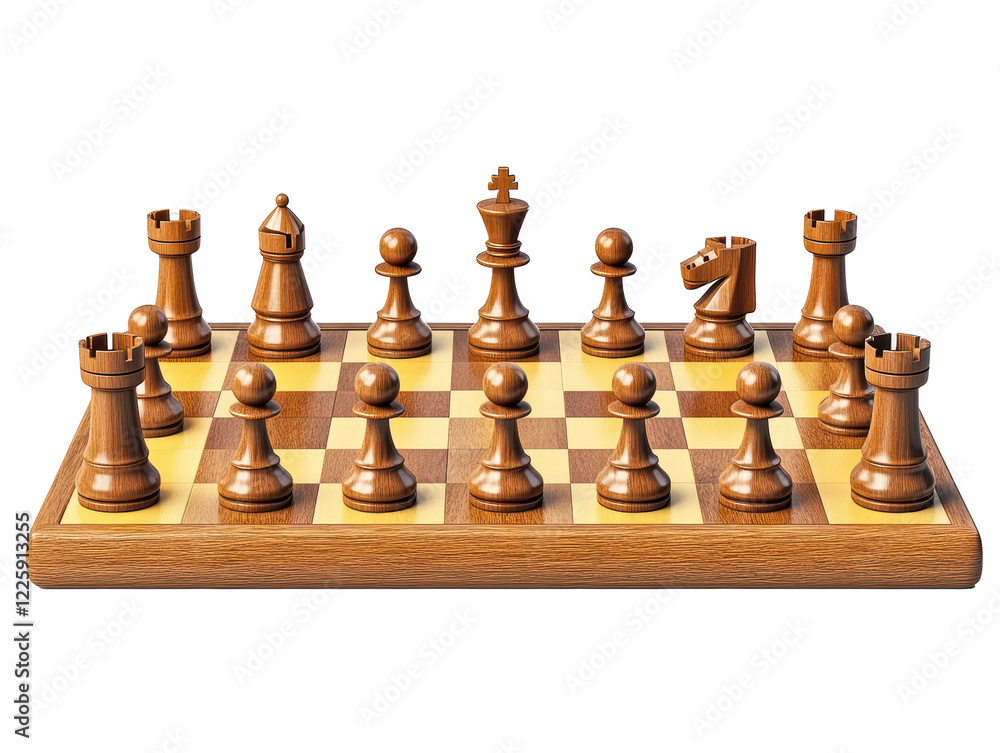 Isolated Chessboard Setup with Wooden Pieces Isolated Chessboard Setup with Wooden Pieces