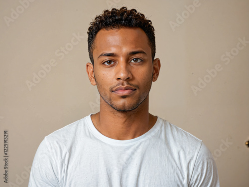 Retrato de un hombre de piel negra joven y apuesto de pie en el interior de una habitación vistiendo una camiseta blanca casual 