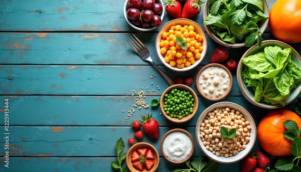 Healthy food assortment. Fresh fruits vegetables, legumes. Top view. Various ingredients in bowls. Colorful array for healthy meal. Ideal for breakfast lunch dinner. Healthy eating concept. Dietary Healthy food assortment. Fresh fruits vegetables, legumes. Top view. Various ingredients in bowls. Colorful array for healthy meal. Ideal for breakfast lunch dinner. Healthy eating concept. Dietary