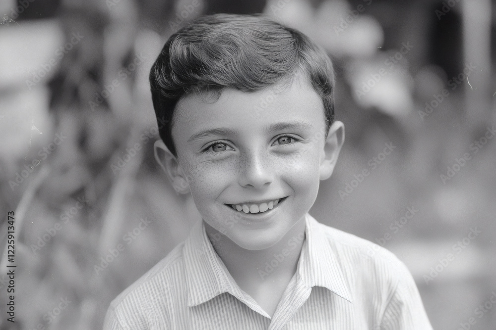 1960s-style monochrome portrait photo of a smiling young boy 1960s-style monochrome portrait photo of a smiling young boy