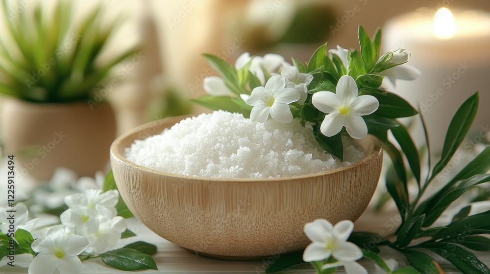 Serene Spa Setting: Aromatic Bath Salts and Blossoms Serene Spa Setting: Aromatic Bath Salts and Blossoms
