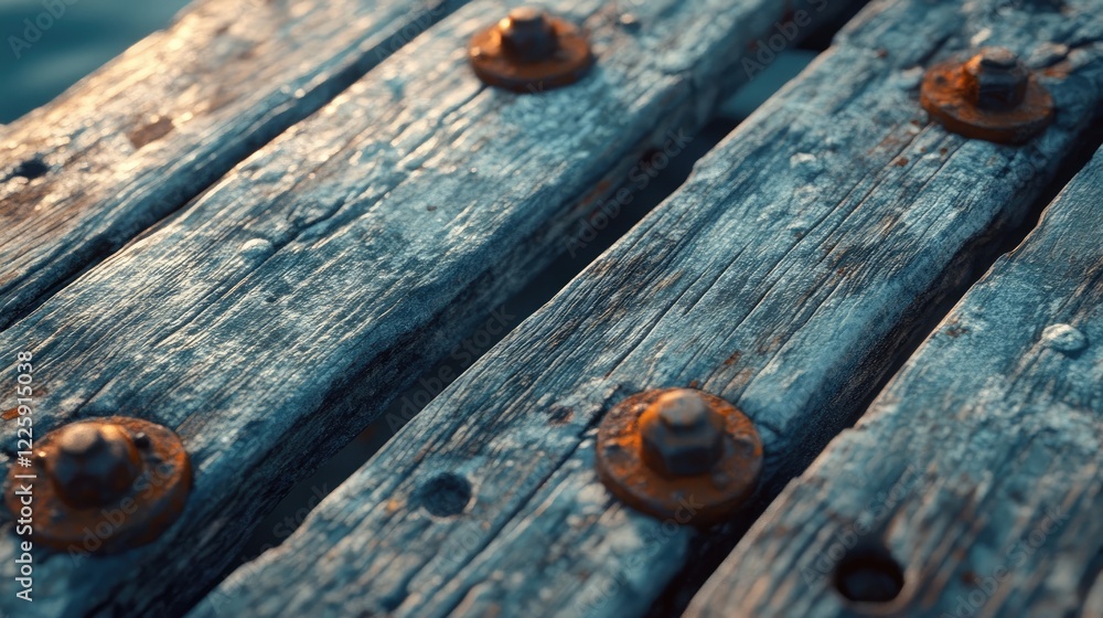 Obraz premium Close-up of a weathered wooden pier with metal bolts, reflecting sunlight.