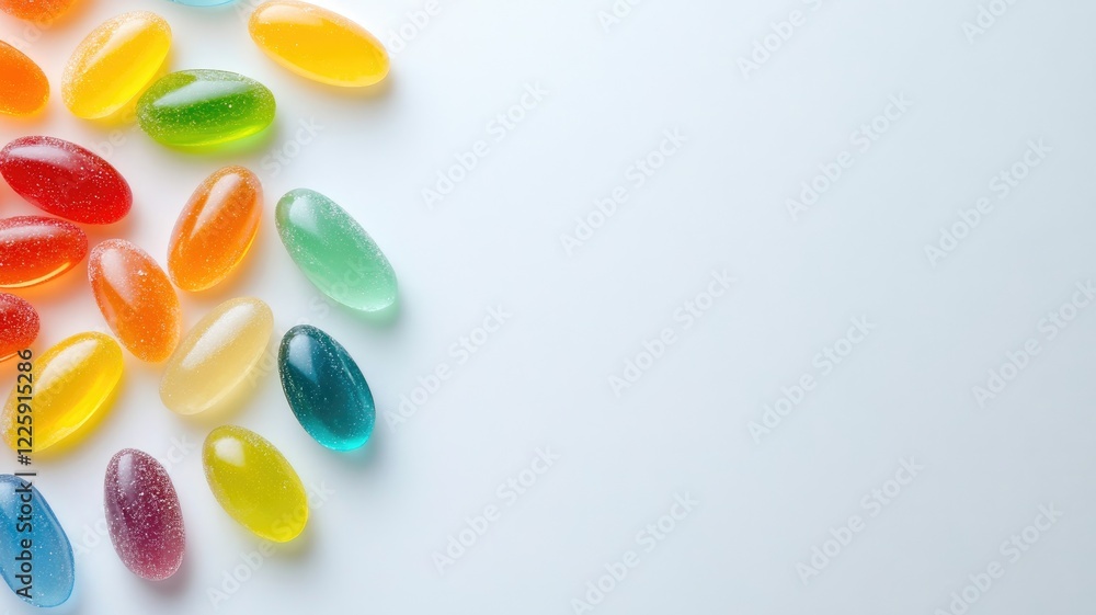 Colorful jellybeans scattered on white surface Colorful jellybeans scattered on white surface