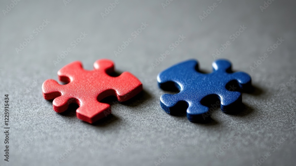 Fototapeta premium Two contrasting puzzle pieces, one red and blue, on dark background