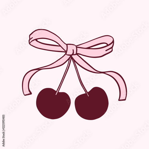 Red Coquette cherries with pink ribbon bow vector hand-drawn illustration

