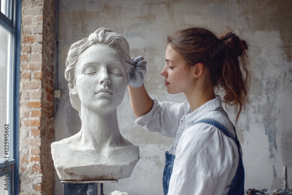 A female sculptor meticulously refines a clay bust, adding delicate details to the serene face.