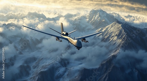 Industrial military drone soars over majestic mountain range under a dramatic sunset sky photo