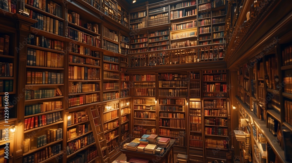 Towering walls of bookshelves create a literary sanctuary in a cozy, dimly lit library filled with antiquities and stories Towering walls of bookshelves create a literary sanctuary in a cozy, dimly lit library filled with antiquities and stories