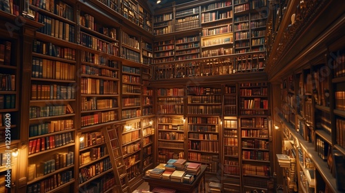 Towering walls of bookshelves create a literary sanctuary in a cozy, dimly lit library filled with antiquities and stories