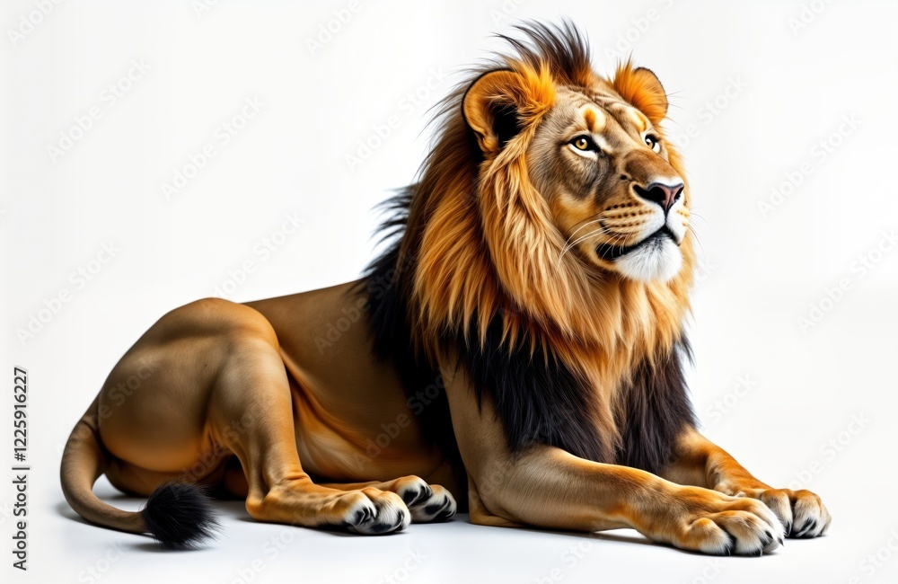 Obraz premium Powerful lion rests on white background. Majestic big cat with golden brown fur, black mane. Animal looks alert, watchful. Studio shot. Isolated image shows strength, beauty. Transparent background.