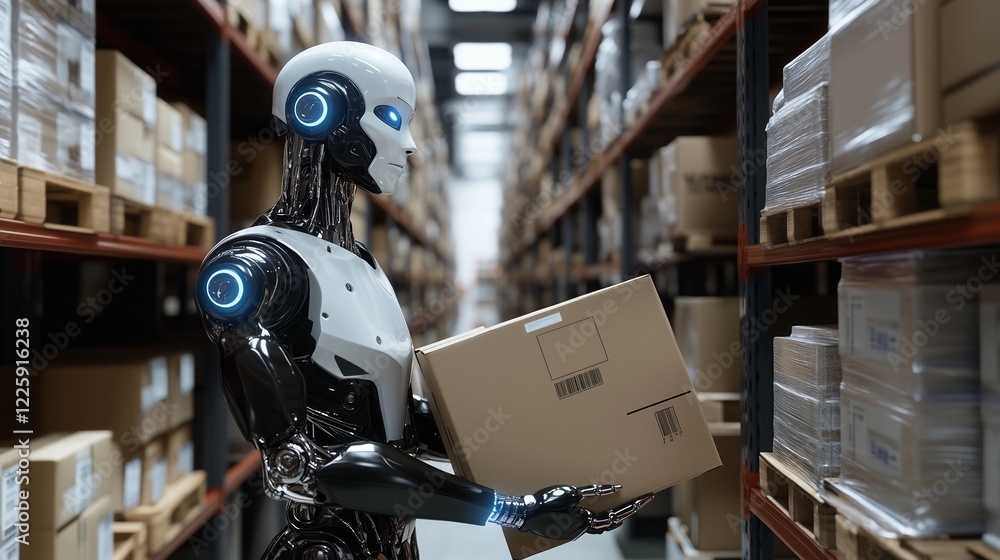 Fototapeta premium Sleek humanoid robot expertly navigating a modern warehouse while carrying a package during daylight hours