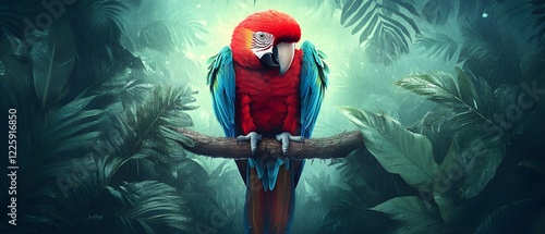 Vibrant Scarlet Macaw in Lush Rainforest Downpour photo