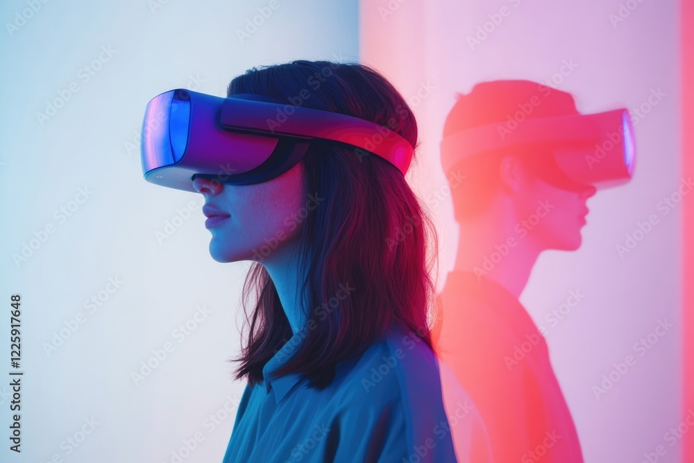 Woman experiencing virtual reality, illuminated by vibrant neon lights, with a shadow suggesting shared experience. Woman experiencing virtual reality, illuminated by vibrant neon lights, with a shadow suggesting shared experience.