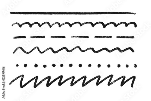 Crayon underline set of black textured strokes with rough brush effect - wavy lines, dashes, dots, zigzag grunge patterns. Hand drawn decorative elements for text emphasis, digital content marking.