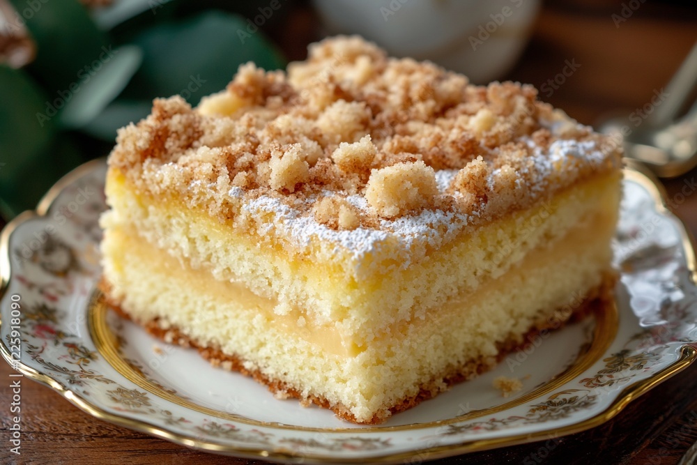 Delicious layered cake with creamy filling, garnished with crumbs, on an elegant plate, with soft focus background Delicious layered cake with creamy filling, garnished with crumbs, on an elegant plate, with soft focus background