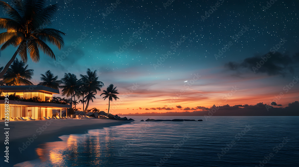 A vibrant night scene depicting a luminous moon over a tranquil ocean, with waves gently lapping at the shore and tropical palms silhouetted against a starry sky. Luminous Shore. Illustration A vibrant night scene depicting a luminous moon over a tranquil ocean, with waves gently lapping at the shore and tropical palms silhouetted against a starry sky. Luminous Shore. Illustration