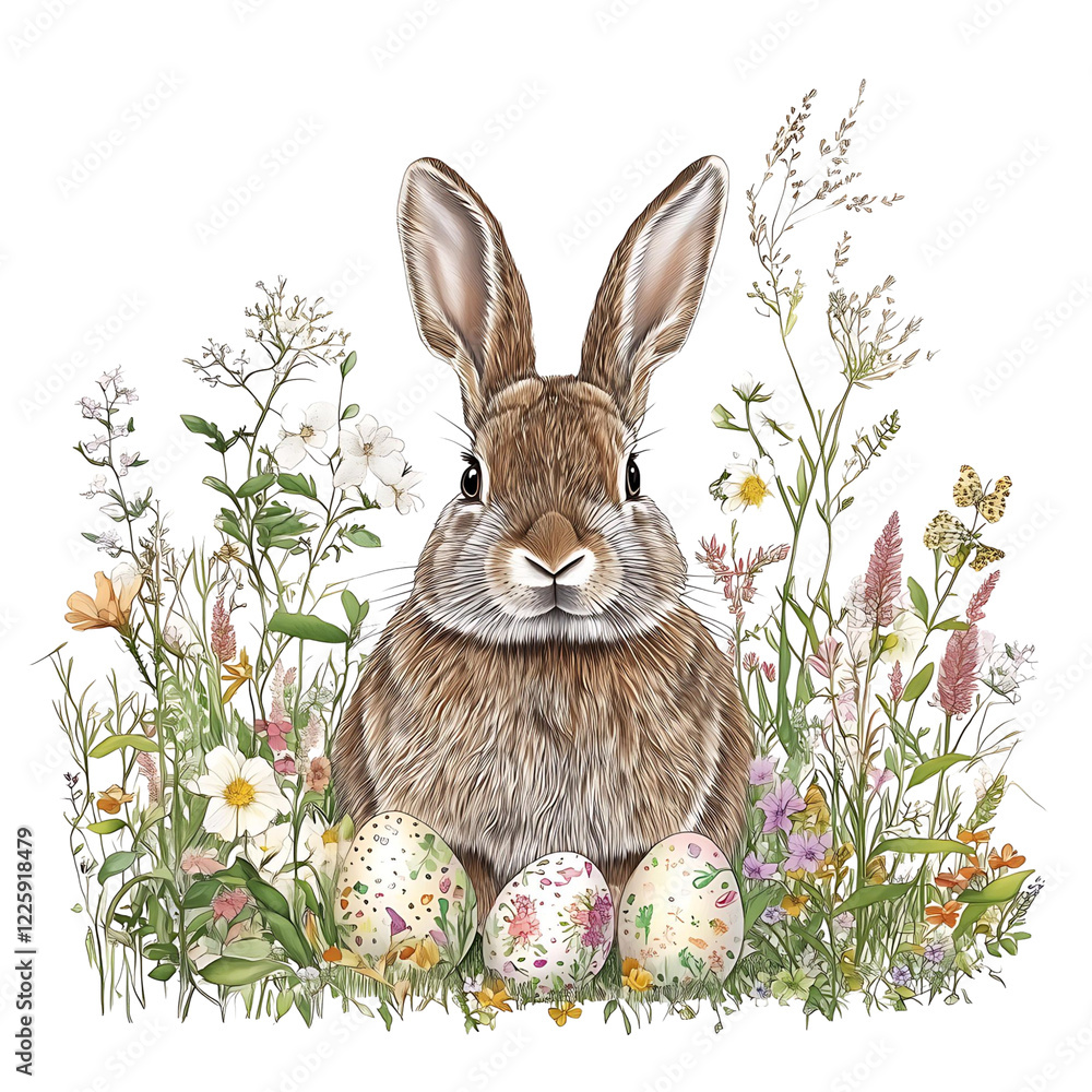 Hand-drawn Easter rabbit bunny with springtime flowers and painted eggs isolated on white background, holiday design elements Hand-drawn Easter rabbit bunny with springtime flowers and painted eggs isolated on white background, holiday design elements