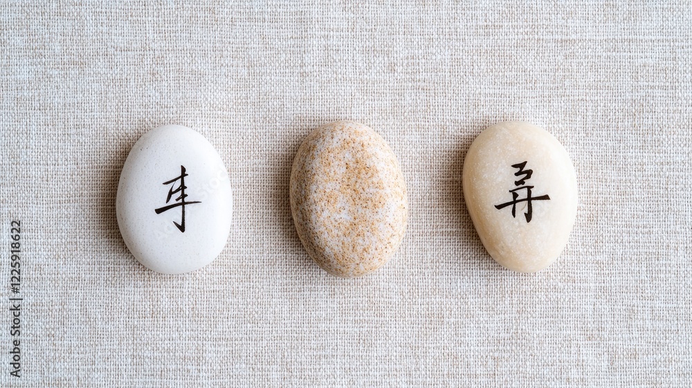 Three stones with Chinese characters on beige background Three stones with Chinese characters on beige background
