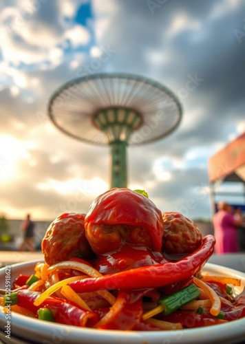 Bakso blendi pedas super spicy beef meatball with extra chili one of most popular indonesian foods Super Bowl football game sport ball american superbowl photo