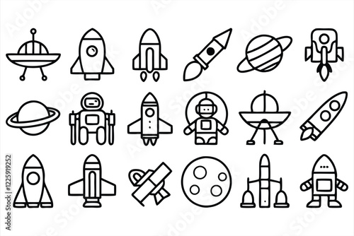 set of  outline icons related to rocket  linear