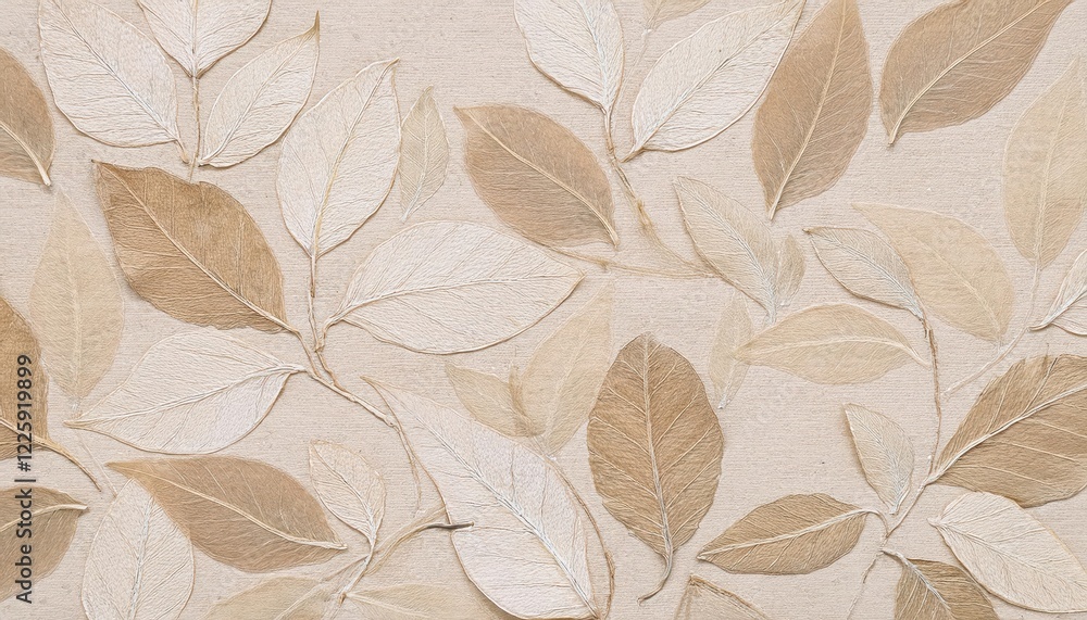 Ecru Toned Panorama with Subtle Leaf Pattern and Recycled Paper Texture, Capturing the Serene Beauty of Nature in Soft Lighting and Rustic Textures. Ecru Toned Panorama with Subtle Leaf Pattern and Recycled Paper Texture, Capturing the Serene Beauty of Nature in Soft Lighting and Rustic Textures.