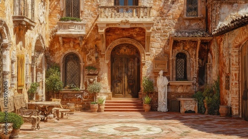 Ancient Courtyard Entrance With Stonework And Statue